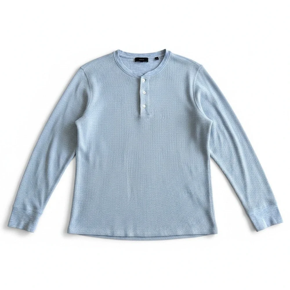 Vince Mens Light Blue Waffle Knit Long Sleeve Henley Shirt Size M Thermal Top